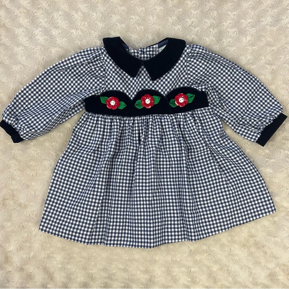Vtg Peaches N Cream Baby Girl Dress Size 12 Months Blue White Plaid Red Flowers